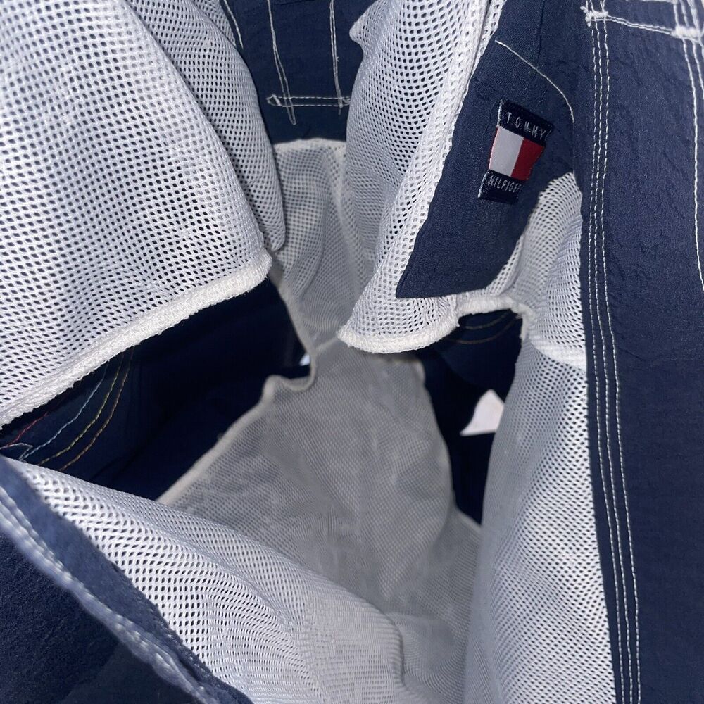 Vtg Tommy Hilfiger Men's L Board Shorts Swim Trunks Navy w. Stripe - Picture 6 of 7